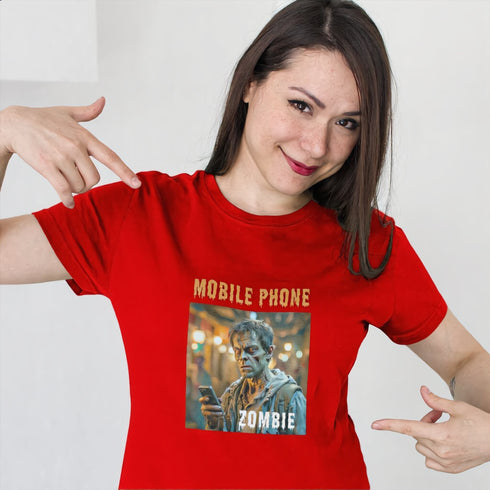 Red Mobile Phone Zombie T-Shirt – Bold Funny Graphic Tee for Pop Culture Fans