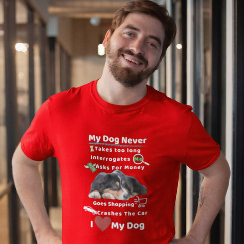 Red graphic tee with My Dog Never dog humour print – relatable gift idea for dog lovers and proud pet parents