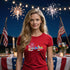 Red 4th of July graphic tee featuring bold fireworks budget joke print for Independence Day celebrations