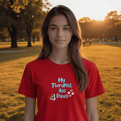 Red My Therapist Has 4 Paws graphic tee – relatable dog lover shirt for anxiety and depression awareness, great gift for rescue parents
