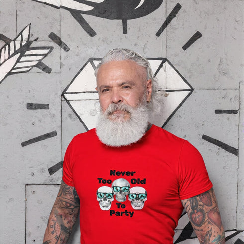 Red Never Too Old To Party T-Shirt – vibrant funny tee perfect for milestone birthdays and celebrations