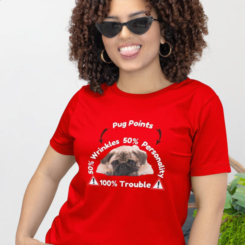 Red funny pug t-shirt featuring the Pug Points 50% Wrinkles 50% Personality design – standout gift for pug owners
