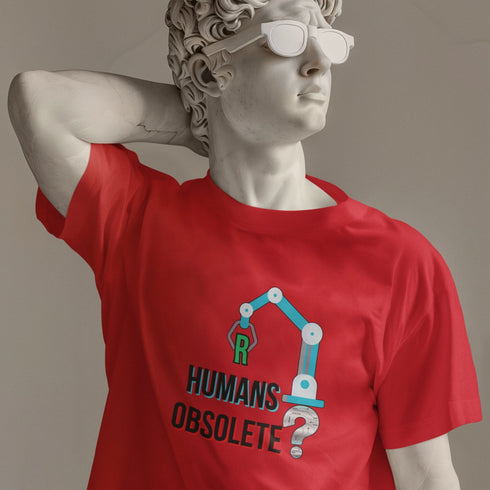 Bold red R Humans Obsolete tech slogan t-shirt — striking AI humour gift idea for programmers and future-focused minds