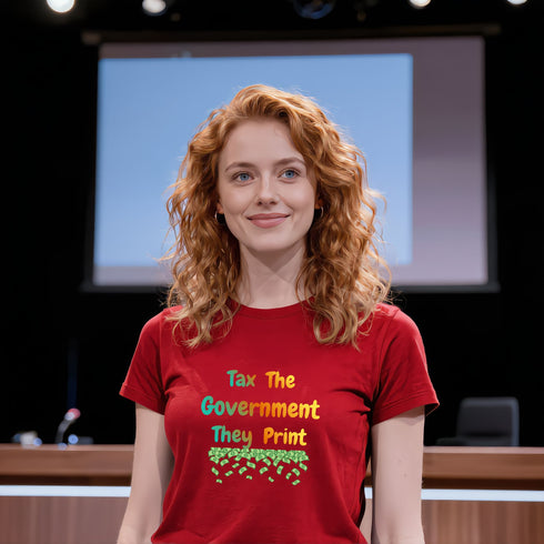 Red Tax the Government They Print Money libertarian humor t-shirt, bold anti-government slogan graphic tee