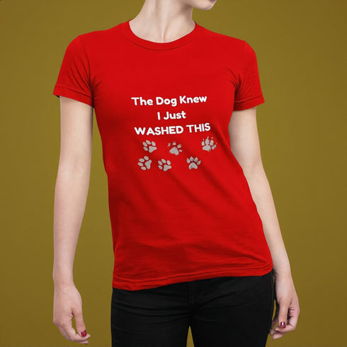 Bold red graphic tee with a relatable dog owner joke — ideal for casual wear, dog park outings, and anyone who loves their furry chaos agent