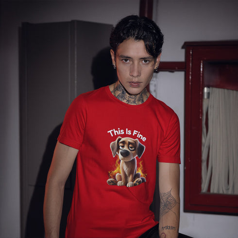 Red This Is Fine meme tee featuring iconic fire dog print – relatable stress humor shirt for internet culture fans