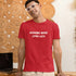 Working More Living Less anti-grind slogan tee in red — funny gift for remote workers and burnt-out employees