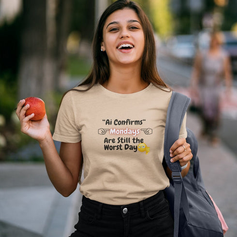 Soft cream funny Monday t-shirt with witty AI humour print — relaxed fit unisex tee for workweek laughs