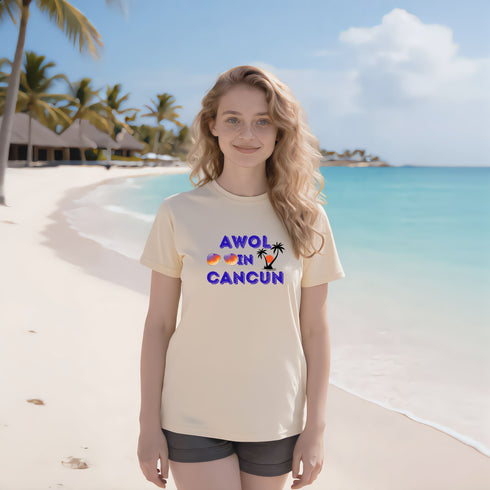 AWOL in Cancun soft cream graphic tee with retro lettering, premium unisex vacation shirt in neutral tone