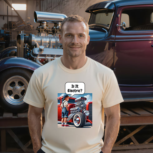 Is It Electric? funny car t-shirt in soft cream – hot rod humour gift tee showing a kid amazed by a supercharged engine