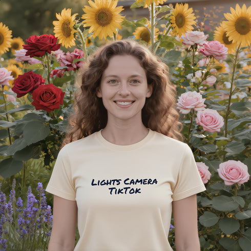 Soft cream Lights Camera TikTok graphic tee – relaxed-fit novelty shirt with bold print, ideal for casual wear and gifting