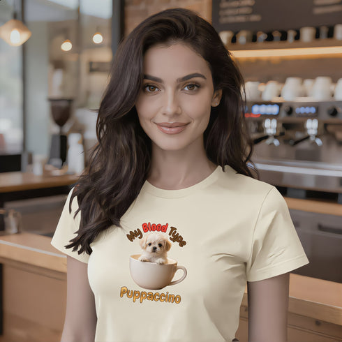 Soft cream t-shirt with My Blood Type Puppaccino funny coffee dog mom print