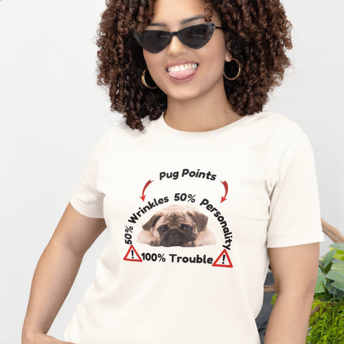 Soft cream Pug Points t-shirt – quirky pug lover gift tee, unisex fit, ideal for anyone obsessed with their wrinkly pup