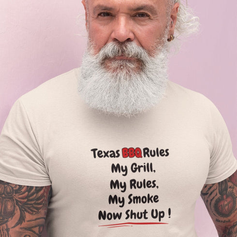 Soft cream Texas BBQ Rules t-shirt – quirky pit boss humour tee, great Father's Day or birthday gift for BBQ enthusiasts