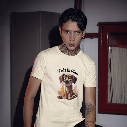Soft cream This Is Fine meme t-shirt – vintage-feel dog in flames tee, great gift for meme enthusiasts