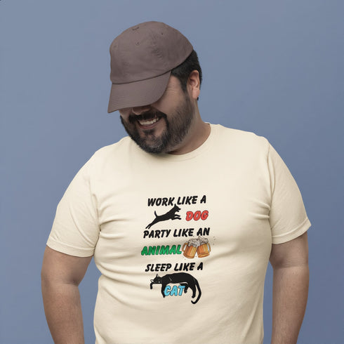 Soft cream lifestyle graphic tee with humorous dog and cat motto – casual animal lover shirt for everyday wear