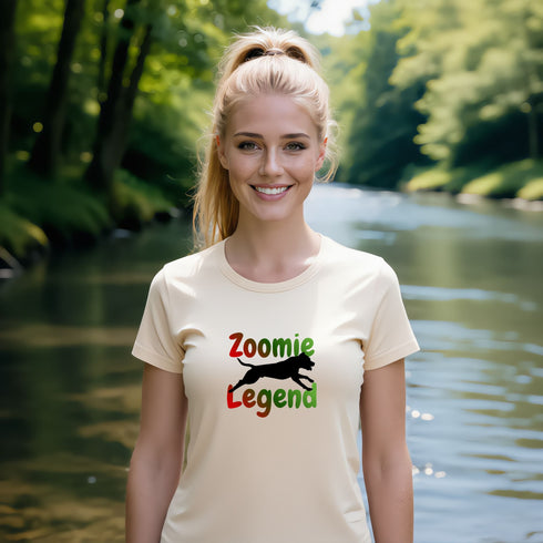 Zoomie Legend dog mom t-shirt in soft cream — lightweight funny tee for owners of tail-chasing, sofa-launching dogs