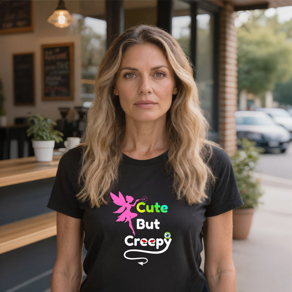 Black Cute But Creepy T-shirt with a spooky slogan, a gothic graphic tee for Halloween outfits and everyday alternative style