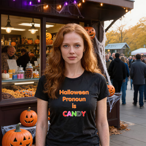 Black Halloween Pronoun Is Candy t-shirt with funny candy lover graphic for trick-or-treat parties and spooky season outfits
