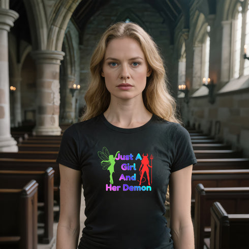 Black Just a Girl and Her Demon T-shirt with bold slogan, a gothic graphic tee for everyday alternative outfits