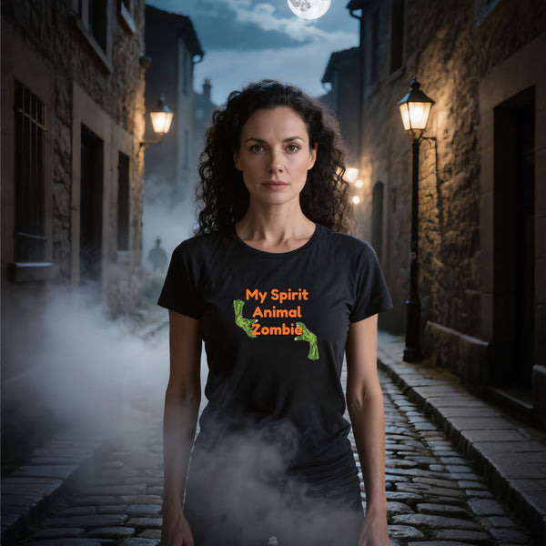 Black My Spirit Animal Zombie T-Shirt with a bold undead design, a funny Halloween tee for horror fans and casual everyday streetwear