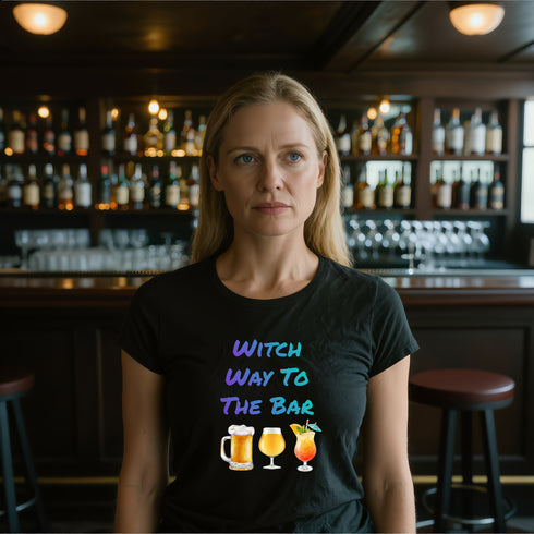 Black unisex cotton t-shirt with "Witch Way to the Bar" witch slogan graphic, perfect for Halloween coven parties