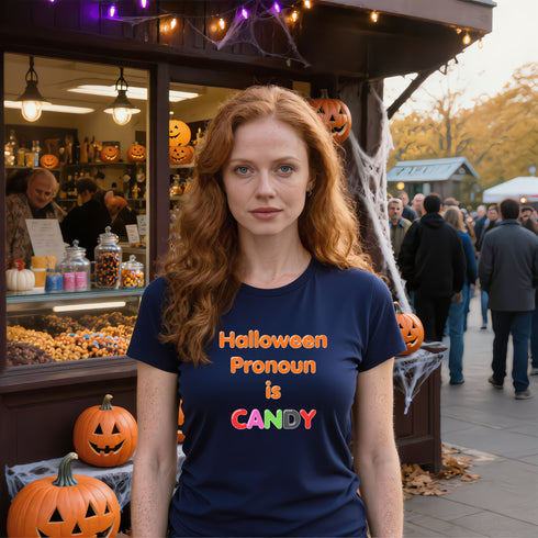 Navy funny Halloween candy t-shirt featuring the Halloween Pronoun Is Candy design for casual October celebrations