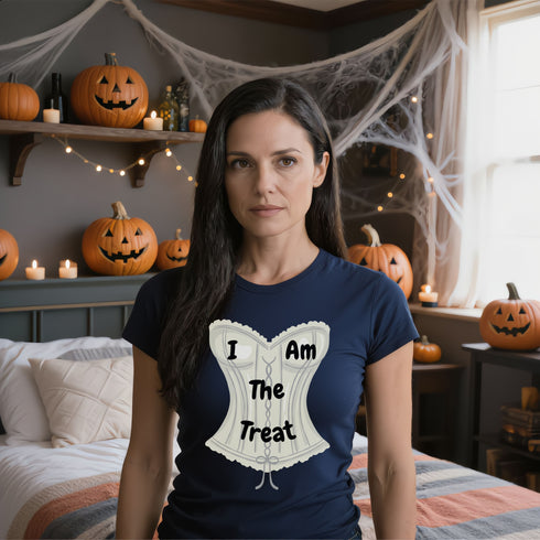 Navy I Am The Treat graphic tee featuring sweet Halloween artwork and a cheeky message, casual shirt for parties, trick-or-treating and candy lovers