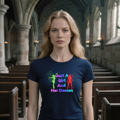Just a Girl and Her Demon graphic T-shirt in navy with a dark humour slogan for casual gothic style