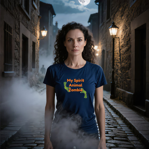 Navy blue zombie t-shirt showing the My Spirit Animal graphic, a creepy-cute Halloween shirt option for men and women in sizes XS to 4XL