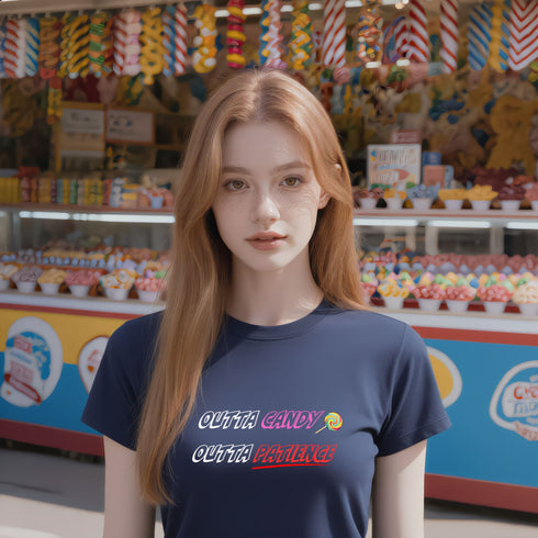 Navy Outta Candy Outta Patience graphic tee, a playful sweet tooth gift for casual days, parties, and Halloween.