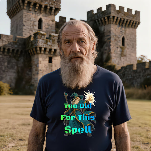 Navy funny witch t-shirt featuring the Too Old For This Spell slogan, a spooky-season gift for witchy friends.