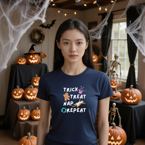 Navy Halloween graphic tee featuring the Trick Treat Nap Repeat slogan, a fun choice for candy lovers