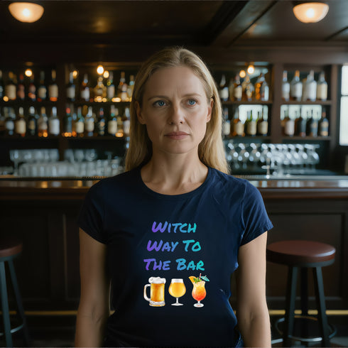 Navy blue witchy slogan tee featuring bold "Witch Way to the Bar" print, a fun gift idea for pagan and wiccan friends