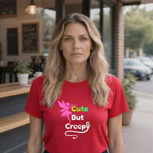 Red Cute But Creepy T-shirt with a bold slogan, an alternative graphic shirt for Halloween parties or a standout casual look