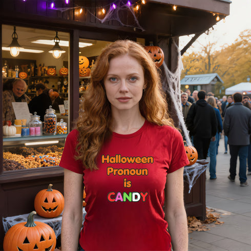 Red Halloween Pronoun Is Candy graphic tee, a playful trick-or-treat shirt and Halloween gift for candy lovers