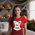 Red Halloween t-shirt displaying the I Am The Treat candy-inspired design, colourful funny graphic tee for seasonal celebrations and gifting
