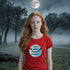 Red Halloween T-shirt featuring the Little Miss Spooky Season slogan for a bold seasonal look