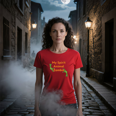 Red funny zombie tee featuring the My Spirit Animal design, a standout horror t-shirt for Halloween parties, movie marathons, and gifting