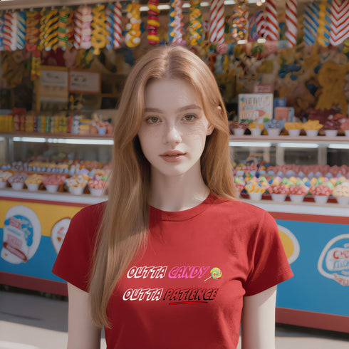 Red sarcastic candy lover shirt featuring the Outta Candy Outta Patience slogan, a bold funny quote tee for Halloween.