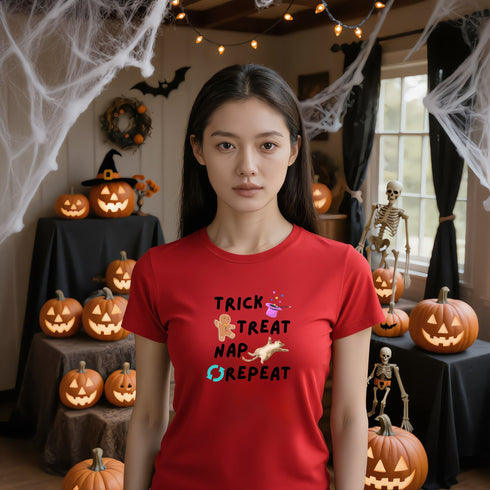 Red Trick Treat Nap Repeat T-shirt, a funny Halloween slogan shirt for parties and pumpkin patch visits