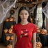 Red Trick Treat Nap Repeat T-shirt, a funny Halloween slogan shirt for parties and pumpkin patch visits