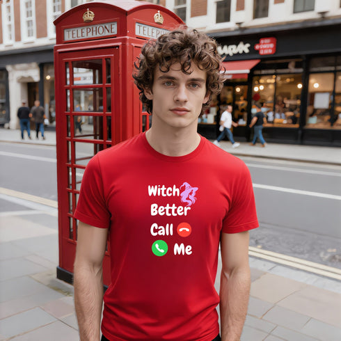 Front view of a model in a red funny Halloween T-shirt displaying the Witch Better Call Me slogan with a purple witch and phone icons.