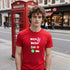 Front view of a model in a red funny Halloween T-shirt displaying the Witch Better Call Me slogan with a purple witch and phone icons.