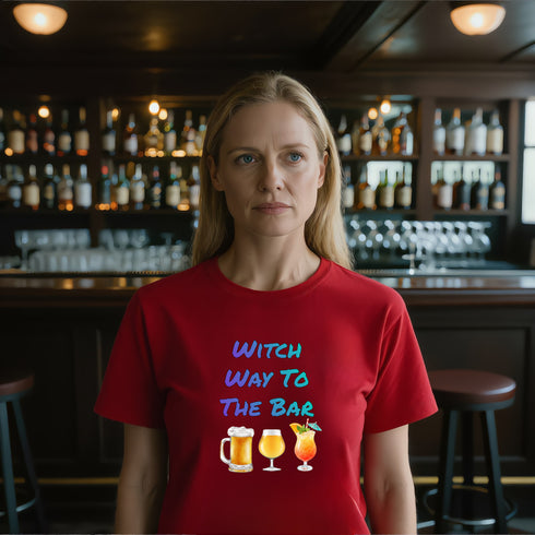 Red funny Halloween t-shirt with "Witch Way to the Bar" text design, styled for a girls' night out at the bar