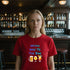 Red funny Halloween t-shirt with "Witch Way to the Bar" text design, styled for a girls' night out at the bar