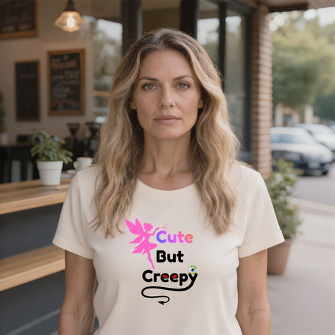 Soft Cream Cute But Creepy shirt with a spooky-cute slogan, a playful gift idea for someone who loves alternative clothing