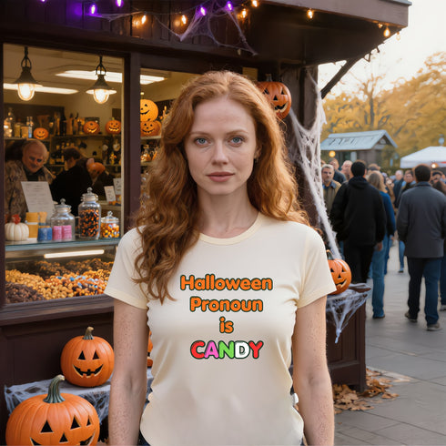 Soft cream candy lover Halloween shirt with humorous pronoun slogan, ideal for classroom celebrations and autumn events