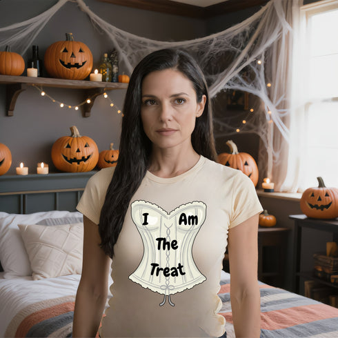 Soft cream I Am The Treat shirt with eye-catching Halloween candy artwork, relaxed unisex graphic tee for autumn outfits and sweet-tooth personalities