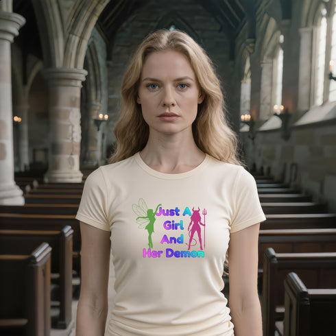 Soft Cream gothic graphic T-shirt with the Just a Girl and Her Demon slogan for a witchy casual look